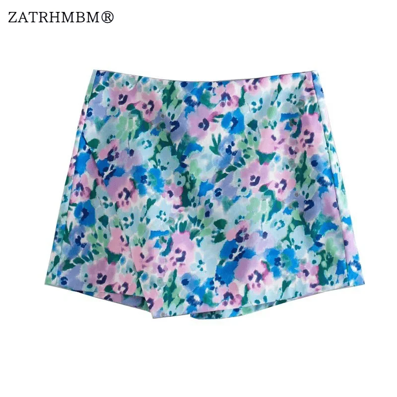 

ZATRHMBM Women 2023 New Fashion Floral Print Mini Culottes Vintage Zipper Fly High Waist Female Short Pants Mujer