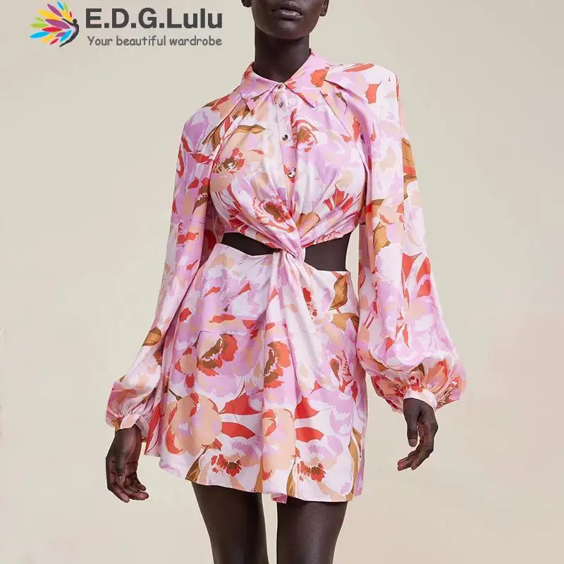 

EDGLuLu Spring Turn-down Collar Single-breasted Cutout Floral Shirt Dresses For Women 2022 Sweet Leisure Vacation Mini Dress0721