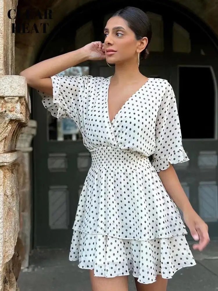 

Женское мини-платье в горошек, элегантное многослойное платье с оборками на Подоле и поясом на резинке, платье с пышным рукавом и V-образным ...