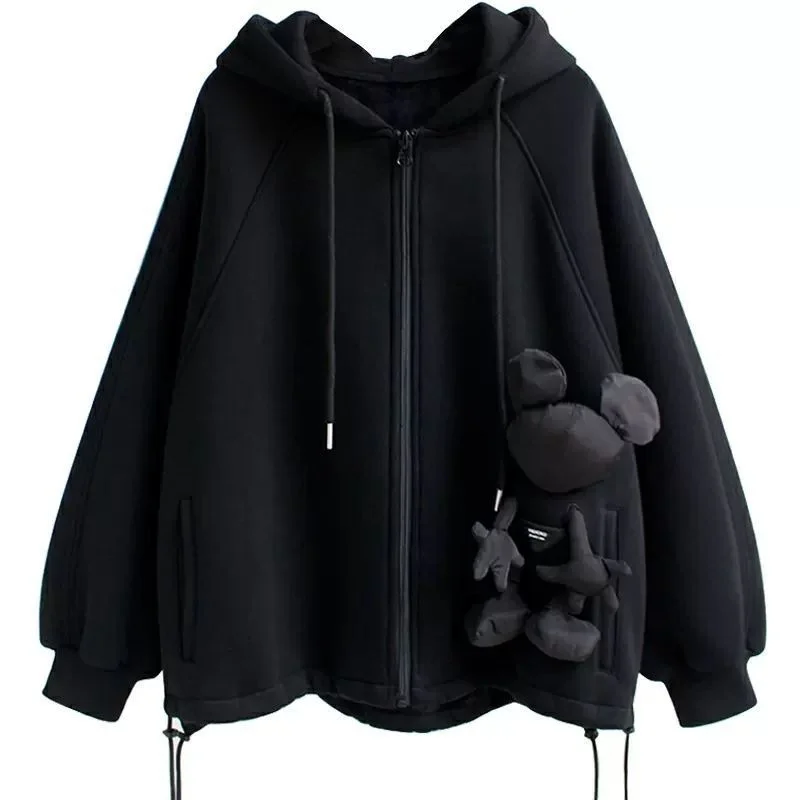 

Plus Velvet Thick Patch Three-dimensional Bear Doll Sweater Women's New Version Long-sleeved Cardigan Coat Top Harajuku Hoodie