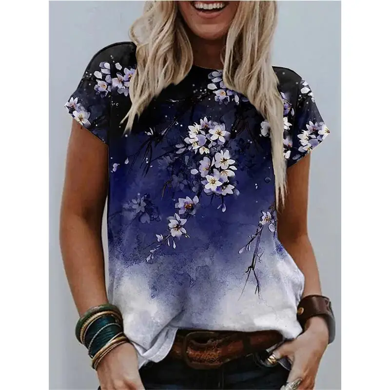 

Новинка для женщин с коротким рукавом Цветочная фотография 3D печать круглый вырез в основном синий Модный Универсальный