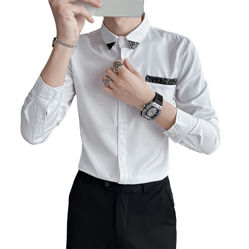 2022 Autumn Sequin Decoration Men's Shirts Long Sleeve Slim Casual Shirt Social Party Tuxedo Blouse Nightclub Streetwear S-5XL