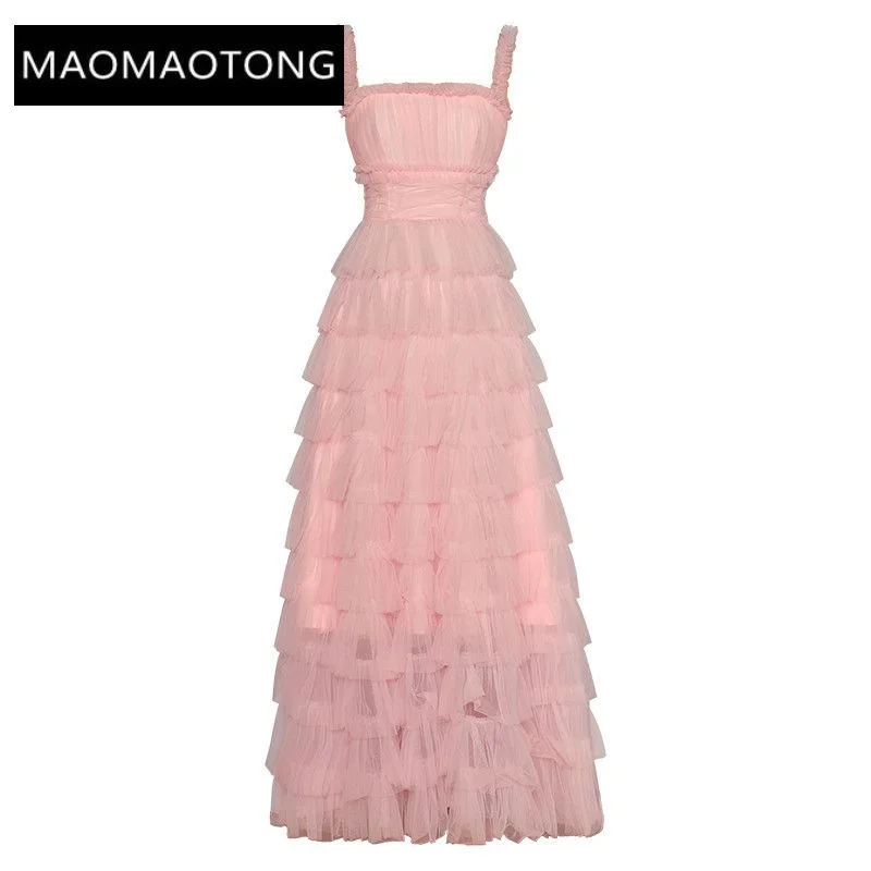 Fashion Designer Summer Sling Mesh Dress Women Slash Neck Sleeveless Backless Cascading Ruffle Pink Princess Long Dress