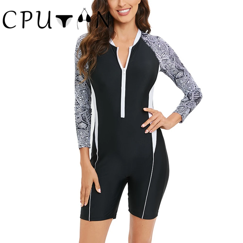 

CPUTAN 2023 New Sport One Piece Swimsuit Monokini Boyleg Swimwear Women Vintage Long Sleeve Beachwear Bathing Suit Surfing Suit