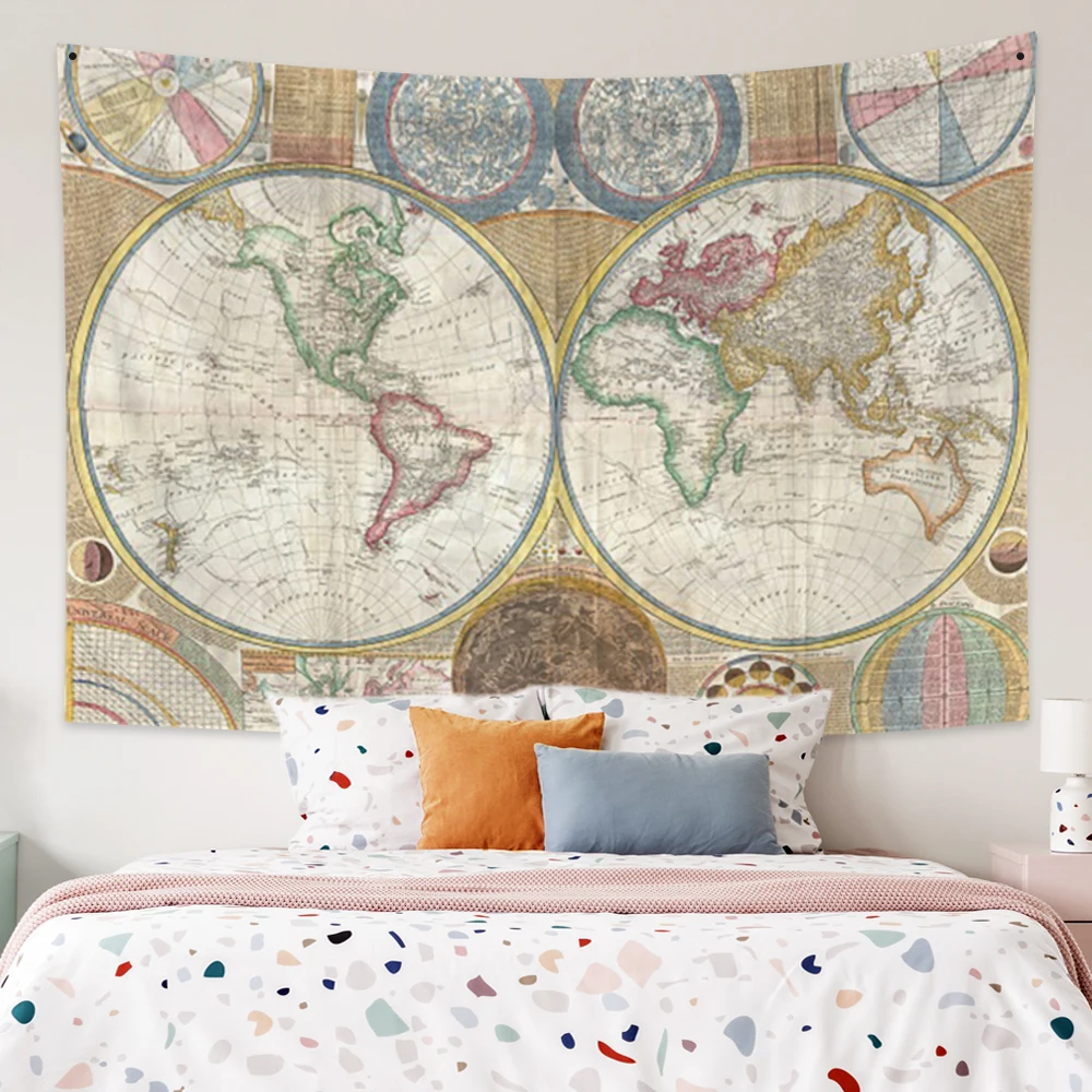 

World Map Tapestry Medieval World Vintage Geometric Colorful Compass Wall Hanging Decor Retro Pirate Treasure Home Decoration