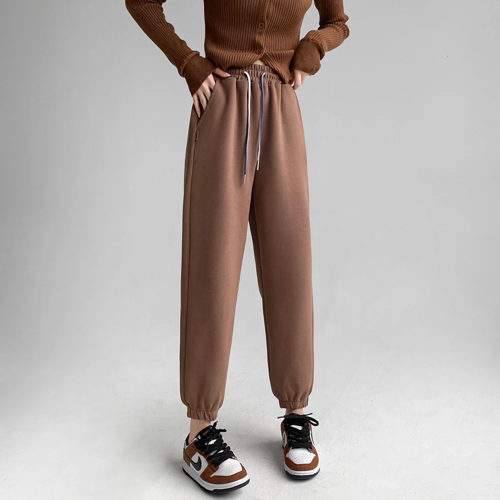 

Solid Color Elastic Waist Nine-point Sports Pants Women's Spring Autumn New College Style Casual Straight Leg Harem Pants Female