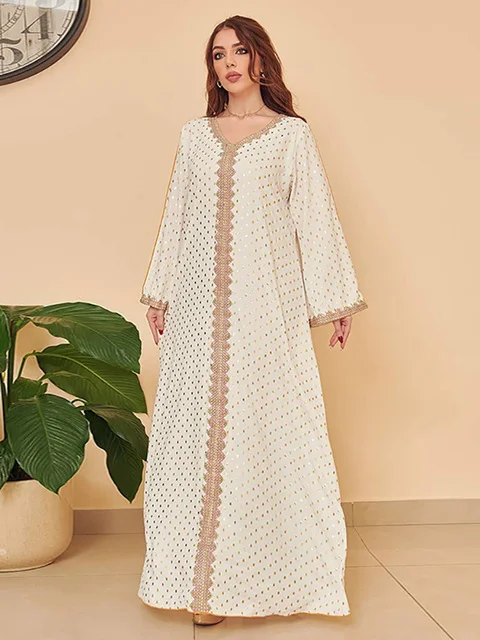 Gold Stamping Jalabiya Kaftan Dress for Women Dubai Crinkled Crepe Fabric Casual Modest Robe Muslim Arab Moroccan Caftan Party
