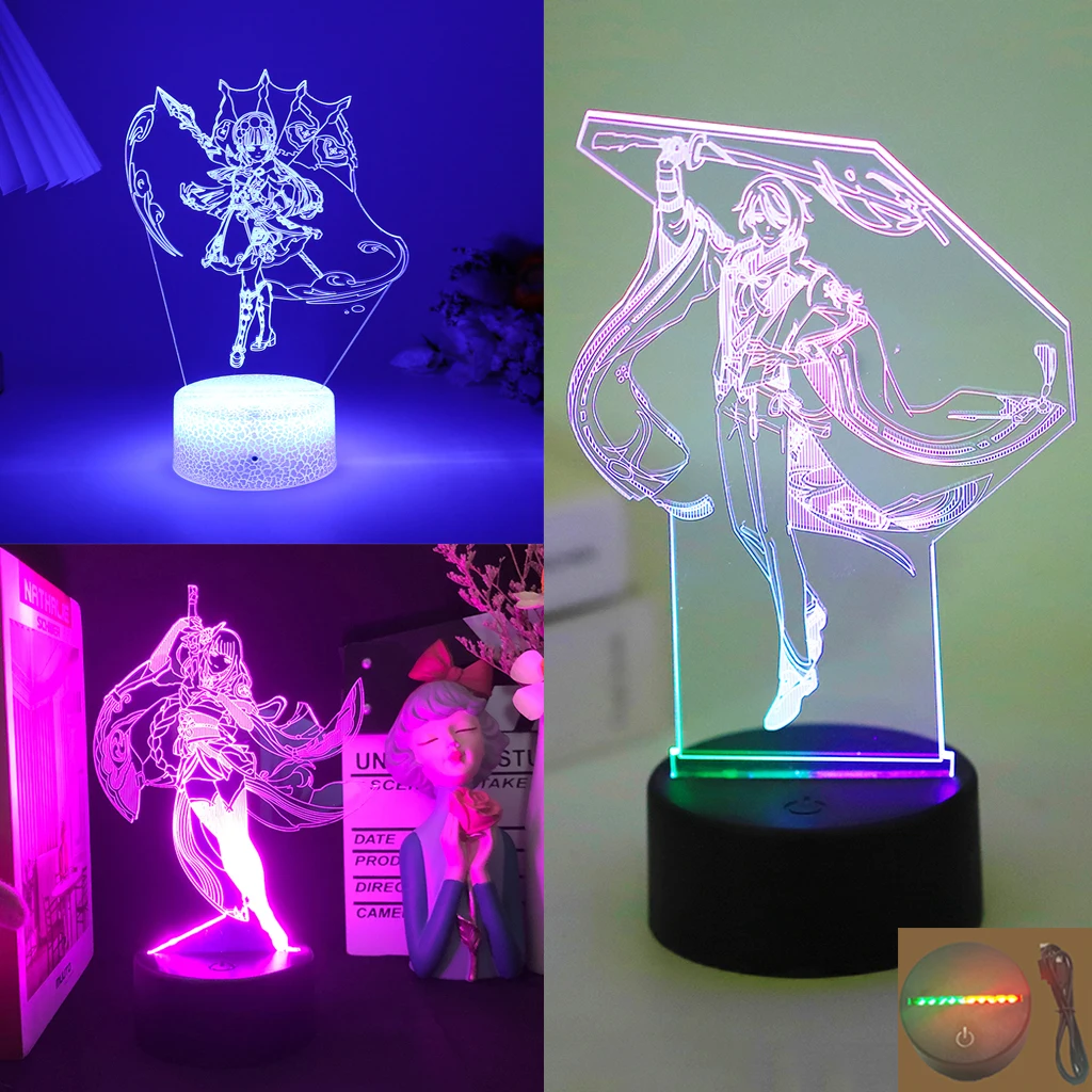 

Game Genshin Impact Kamisato Ayato Acrylic Board Anime Manga 3D Led Night Light Or Two Tone Lamp Base Raiden Shogun Gift Decor