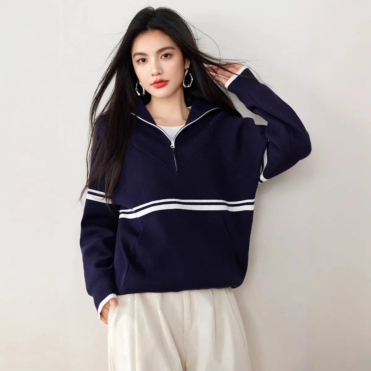 Осень/зима 2023 новый винтажный темно-синий стиль полосатый вязаный топ с