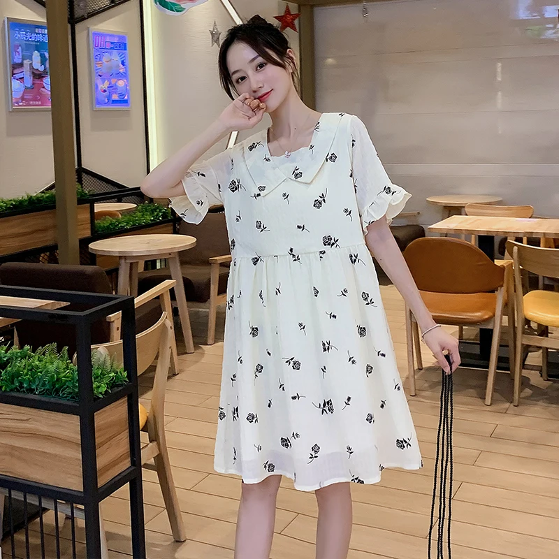 

Модное свободное платье в Корейском стиле для беременных летнее короткое платье с расклешенными рукавами и отложным воротником для беременных женщин Цветочное платье с подкладкой
