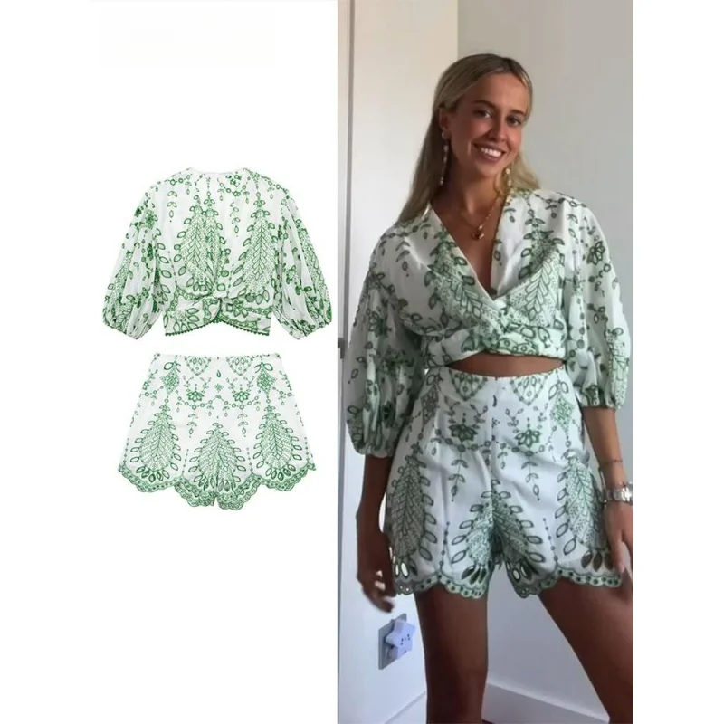 

Embroidery Puff Sleeve Top Shorts Women 2 Piece Sets V-neck Hollow Out Blouse Female Suit Casual Wave Hem Short Pant Set