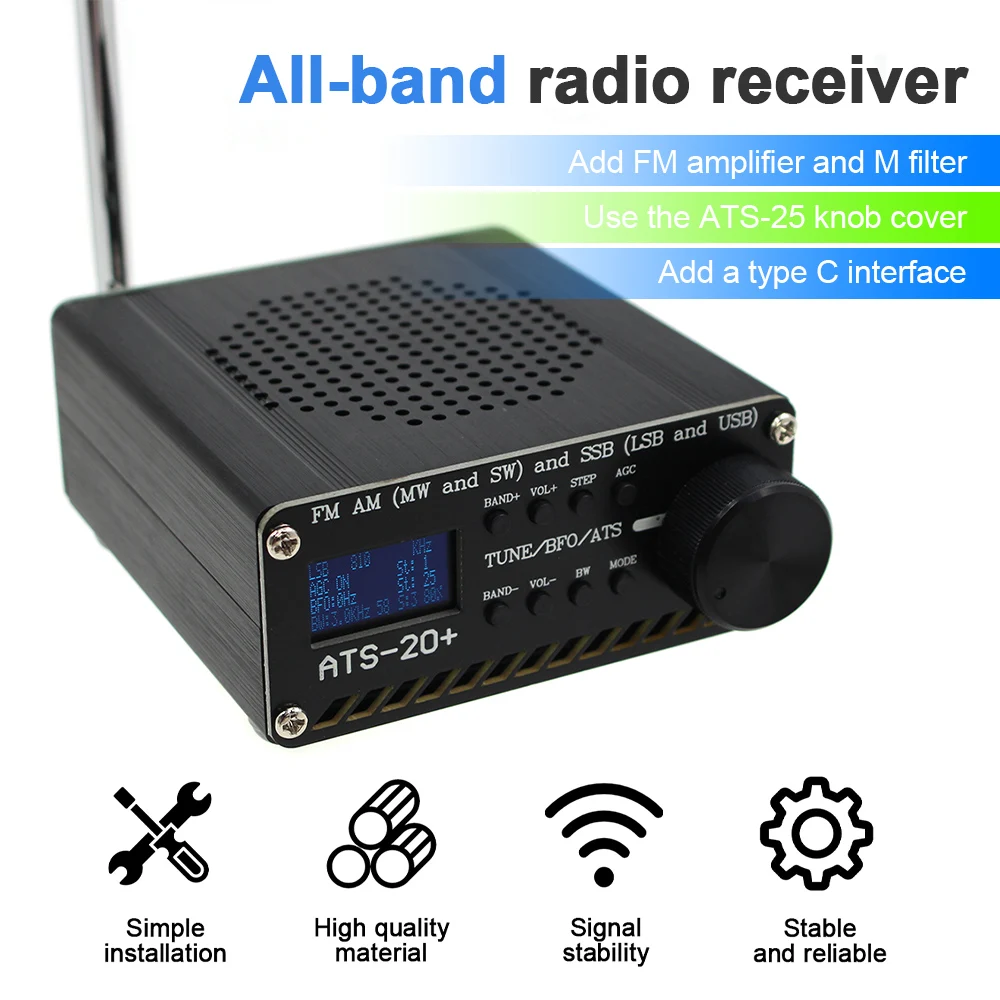 

ATS-20 Plus Si4732 Полнодиапазонный радиоприемник FM AM MW SW SSB (LSB и USB) с антенной + встроенный аккумулятор + динамик + кабель Type C