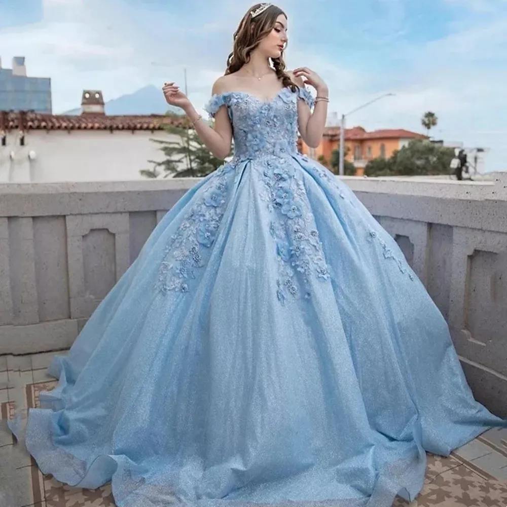 

Sky Blue Ball Gown Quinceanera Dresses Off Shoulder Beads Appliques Princess Sweet 16 Dress Vestido De 15 Anos Lace-Up