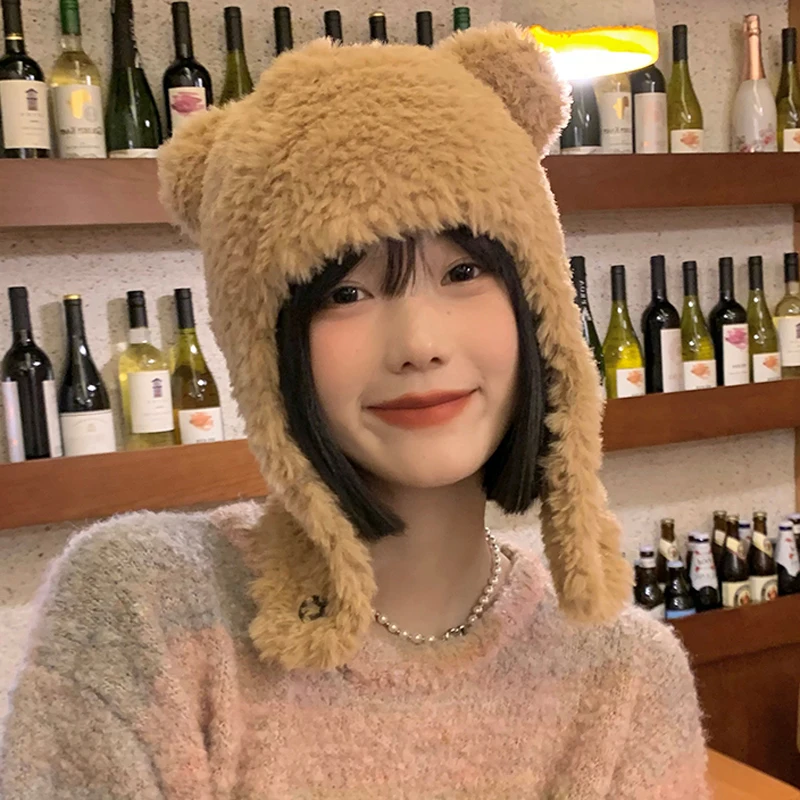 

EUMOAN Cute bear ear hat female autumn and winter Korean version of the Internet red new warm plush ear protection hat cycling