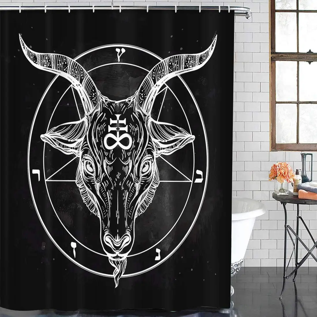 

Shower Curtain Pentagram with Demon Baphomet Satanic Goat Head Binary Symbol Tattoo Waterproof Bathroom Curtains Set with Hooks