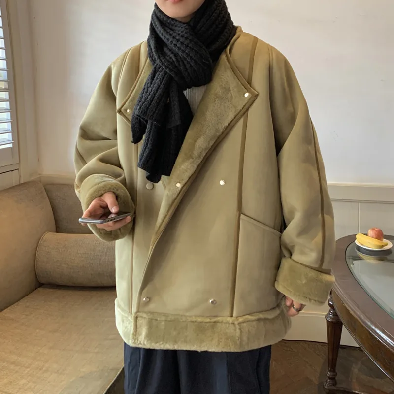 Winter Jacket Men Warm Fashion Retro Thicke Lamb Hair Jacket Mens Streetwear Korean Loose Short Coat Mens Thick Leather Jackets