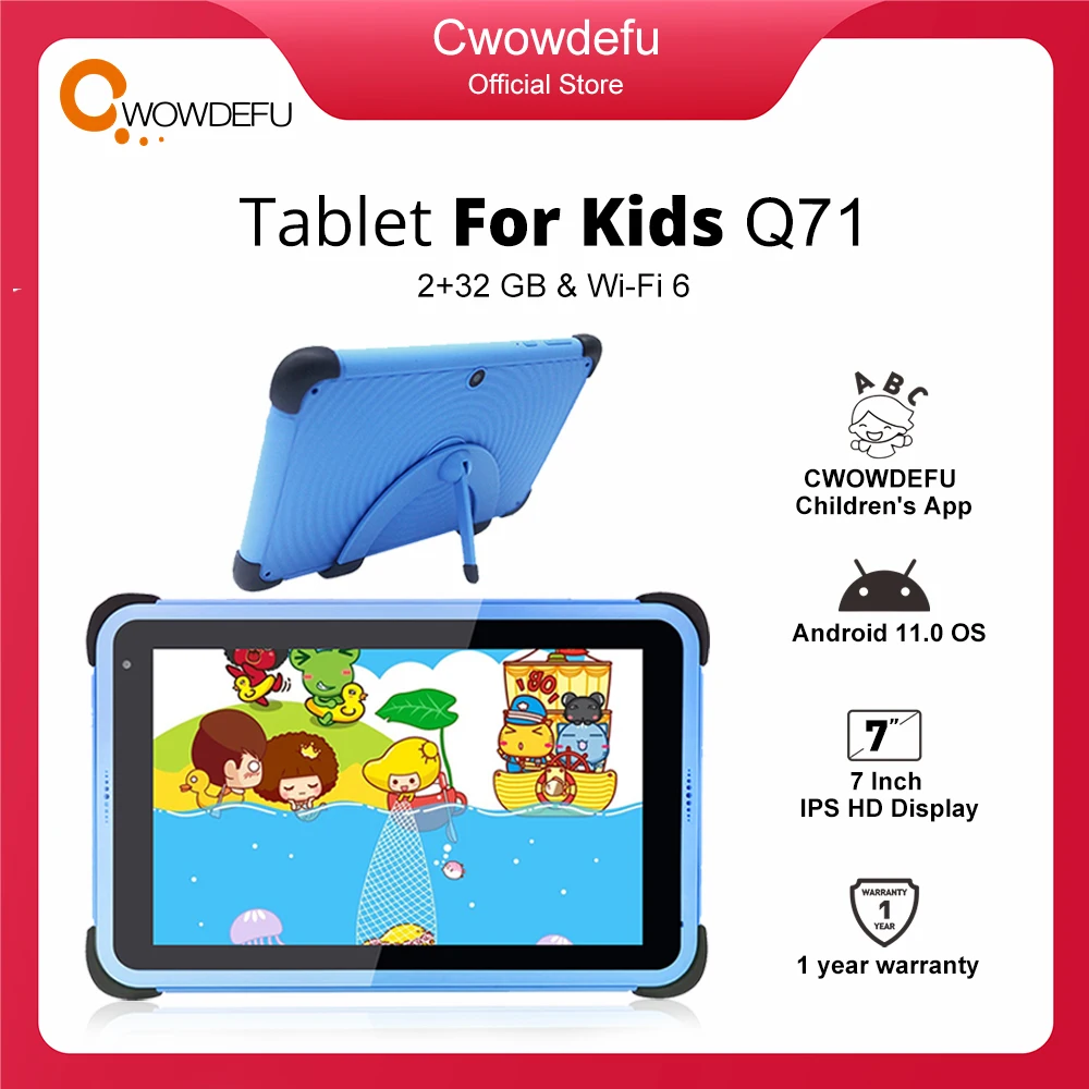 

Blue 7 Inch HD IPS Kids Tablets Android 11 WIFI 6 Quad Core 2GB 32GB 3000mAh G-sensor Learning Tablets for Children with D+ 2022