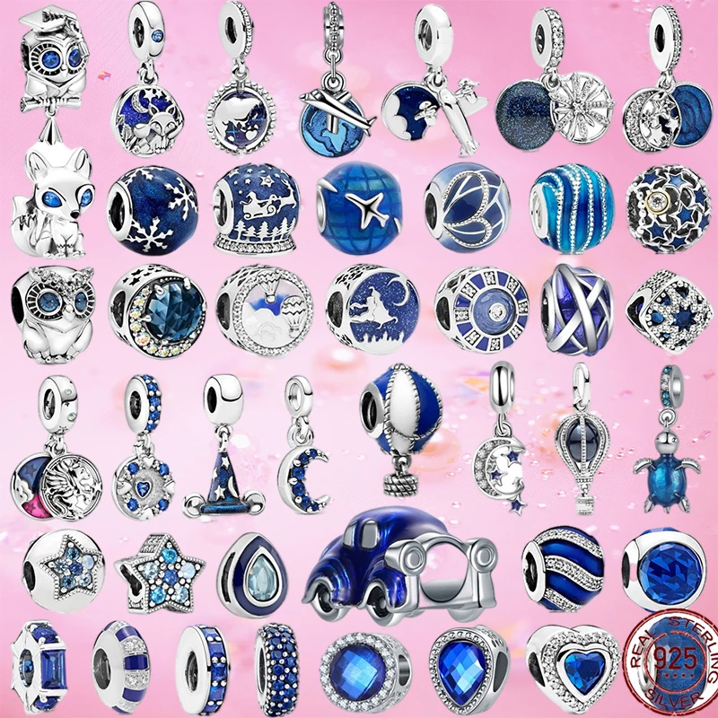 

925 Sterling Silver Blue Series Moon Plane Space Series Glass Beads Clip Charm Fit Original Pandora Bracelet Bangle Jewelry Gift