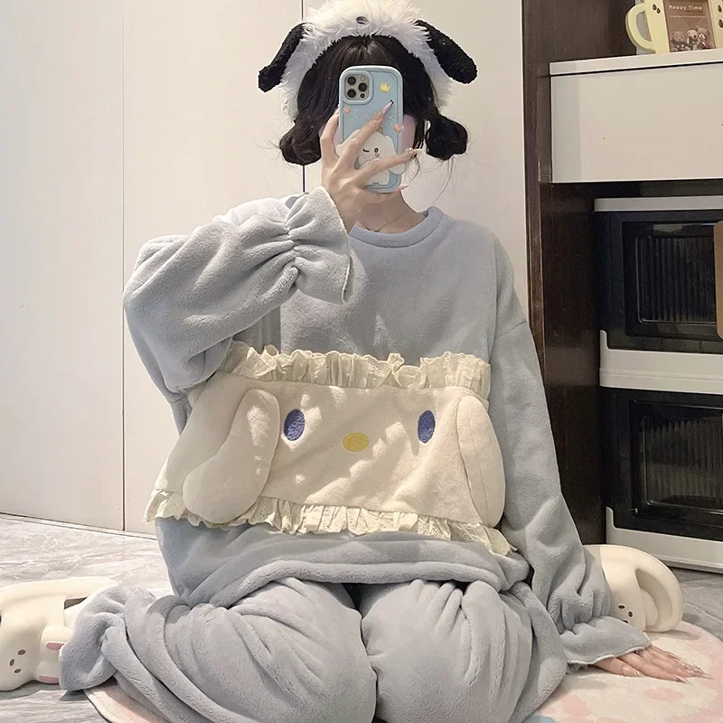 Hello Kitty Cinnamoroll фланелевые пижамы с длинными рукавами женская одежда для девочек
