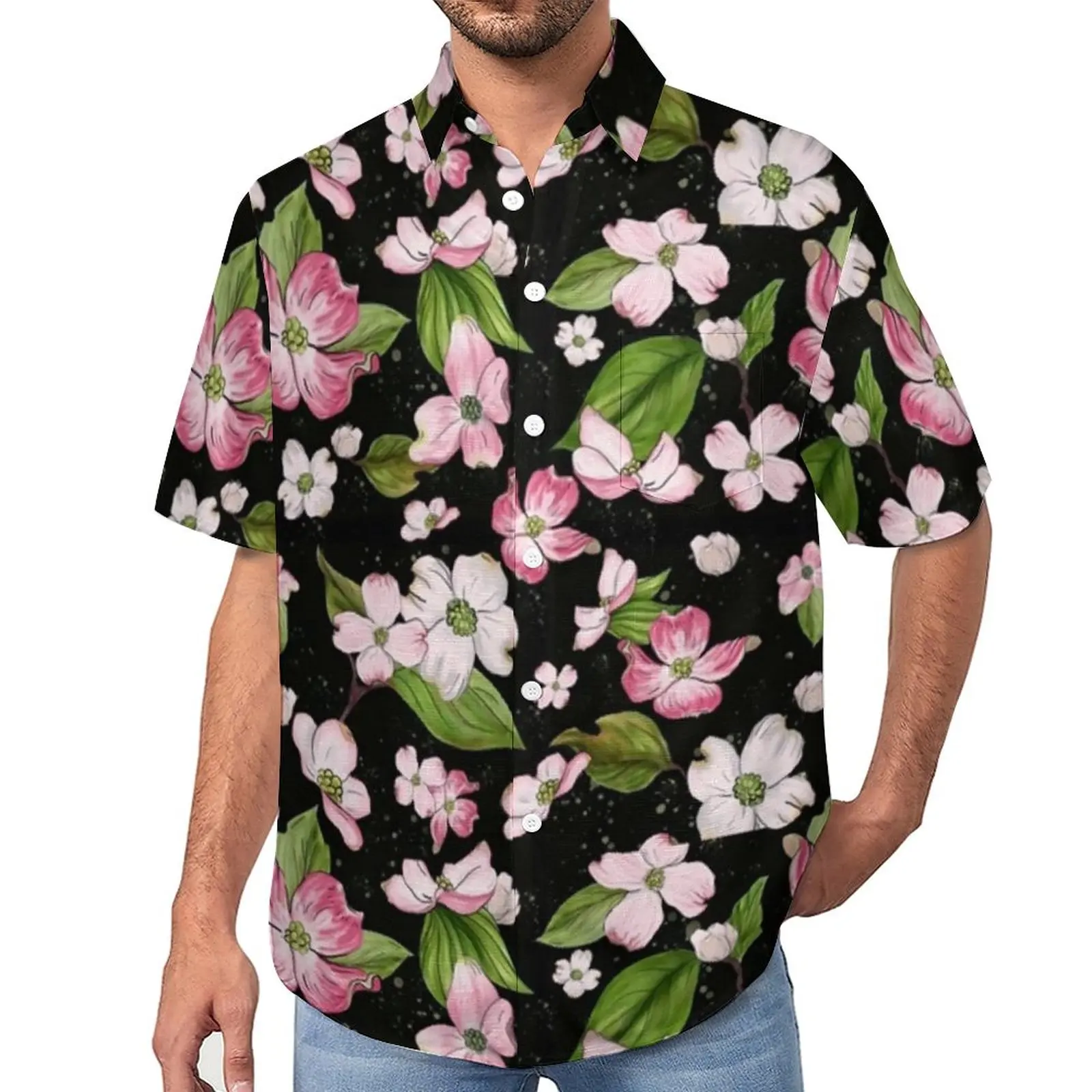 

Green Leaves Blouses Man Dogwood Flower Print Casual Shirts Hawaiian Short Sleeves Graphic Trendy Oversized Vacation Shirt Gift