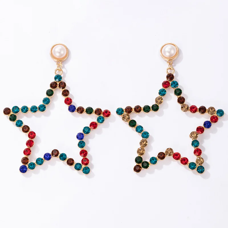 

New 2022 Color Diamond Set Star Earrings Geometric Pearl Star Studs
