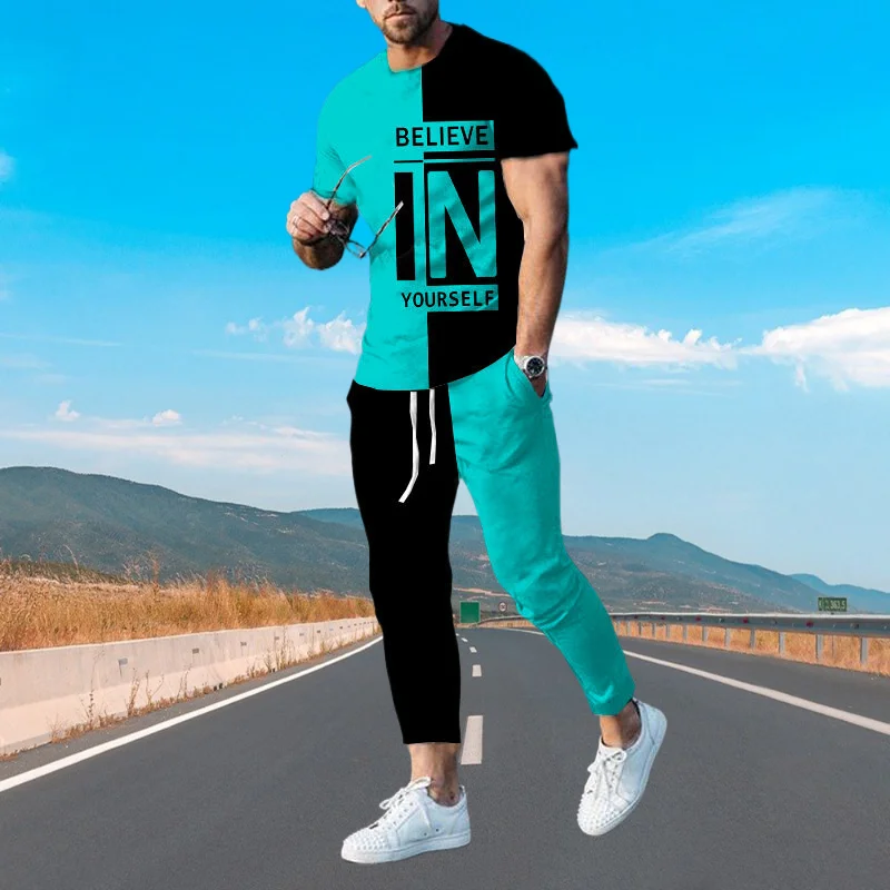 Brand Men's Tracksuits N Printed 2 Piece Set Men Jogging Set Summer Short T Shirt+Long Pants Street Men Tracksuit Trousers Sets