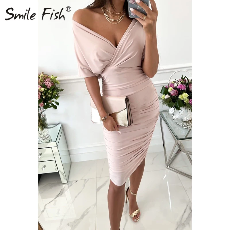 

Sexy Deep V-Neck Slim Lady Dress Clubwear Bodycon Knee-length Dresses for Women Casual 2022 Summer Woman Work Dress Robe G1087
