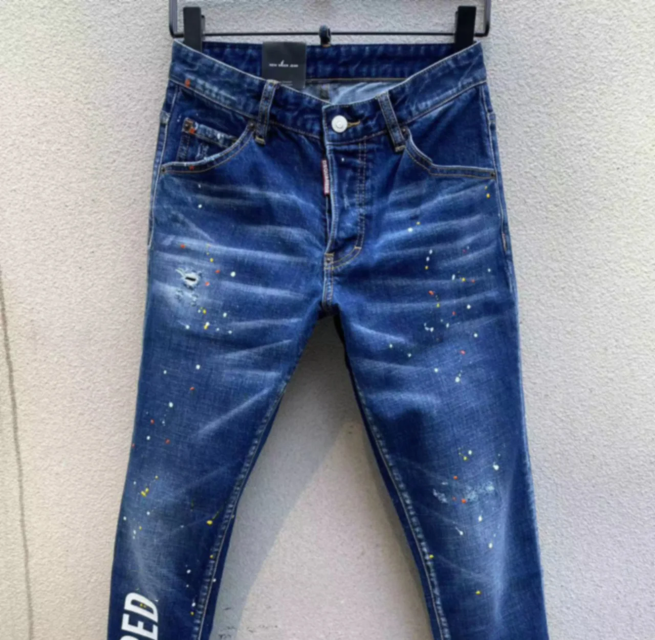 2023 Spring/Summer New Jeans Fashion Men's Washed and Worn Hole Patch Paint Speckled Ink Micro Elastic Small Feet Jeans Men