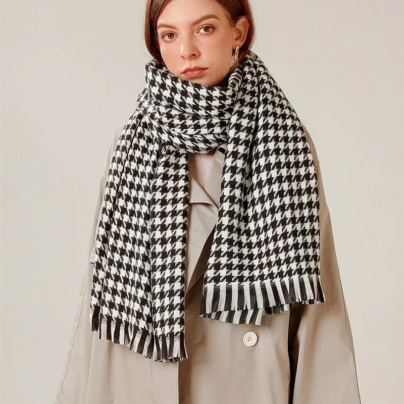 

Winter 2022 new thousand bird check black grey khaki scarf female checkered imitation cashmere scarf thick shawl scarf female