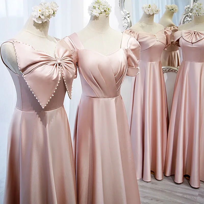 Женское атласное платье подружки невесты розовое длинное для свадьбы выпускного