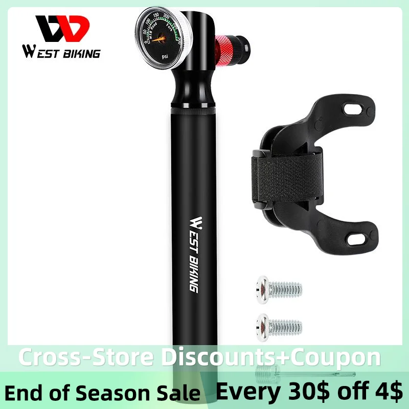 WEST BIKING Bike Fork Pump High Pressure Pump With Gauge MTB Road Bicycle Air Inflator Aluminum Alloy Cycling Hand Pump 300PSI