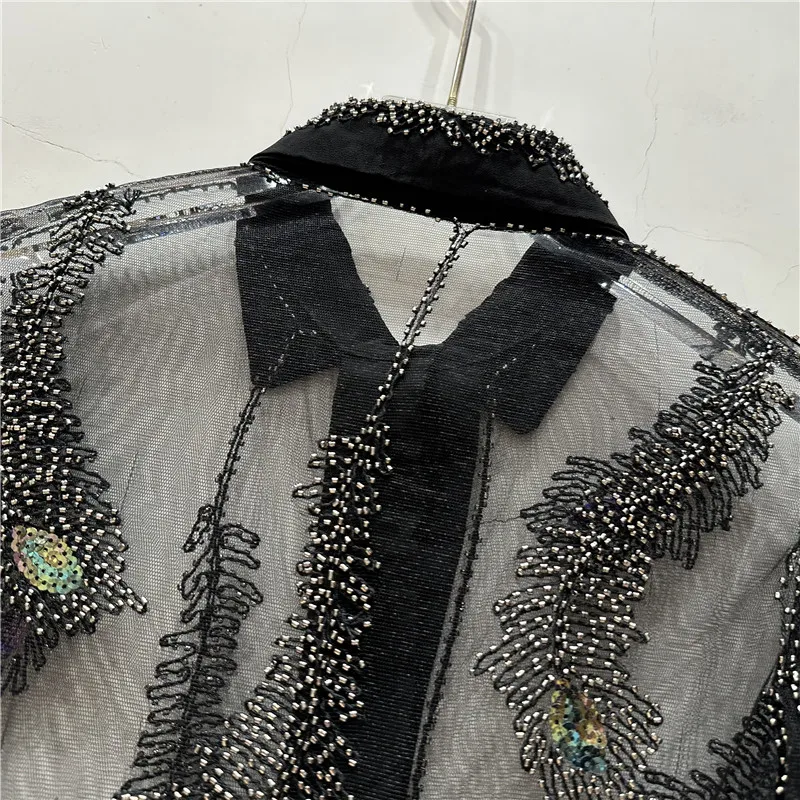 Шикарная блузка с блестками Женская блестящая бисером и длинным рукавом