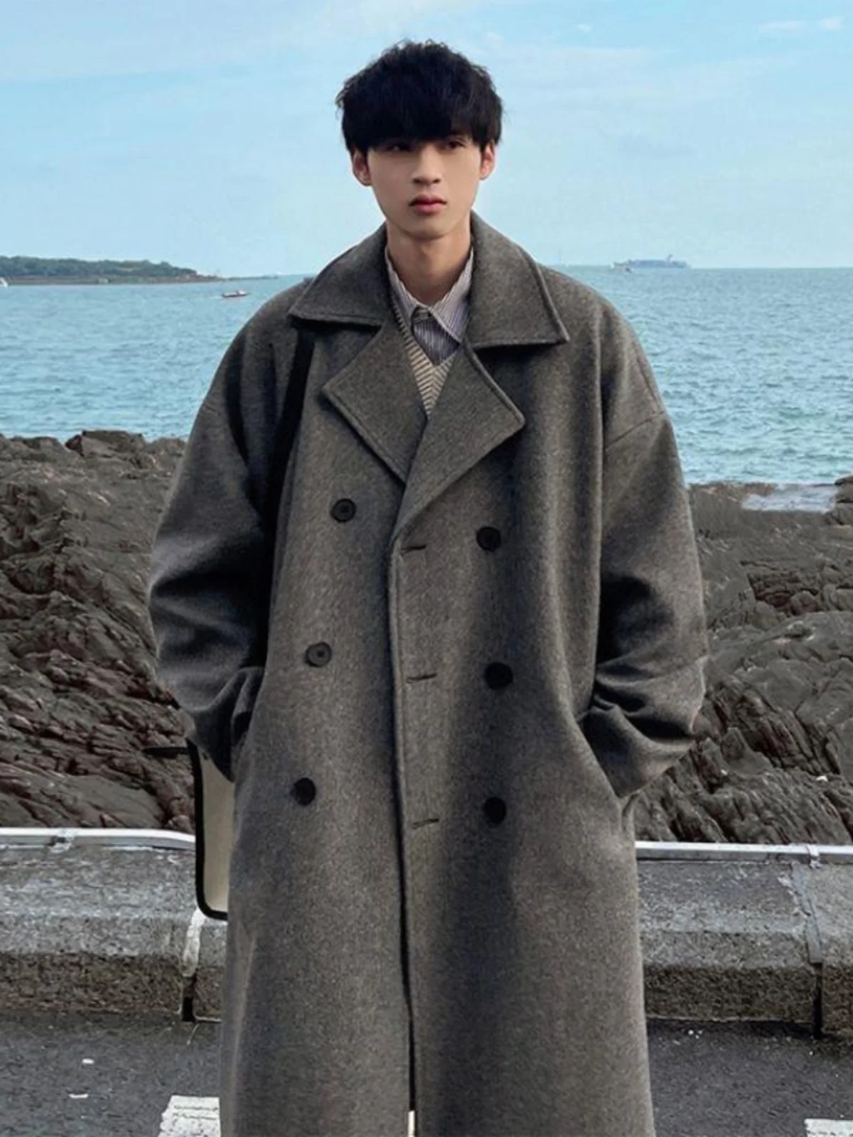 Winter Wool coat Men's Hong Kong Sle Mid-Length over-the-Knee Thickened Loose High-Grade Sense Woolen Trench Coat Ins Outer...