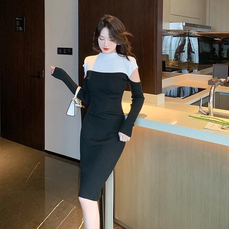 

Женское осеннее платье, весна 2022, новое офисное платье во французском стиле, вязаное лоскутное платье с длинным рукавом и вырезами, черные и ...