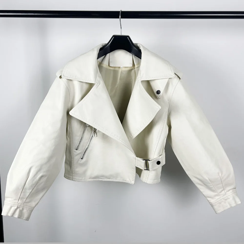 2023 spring clothes new women's short large lapel leather jacket loose leather jacket