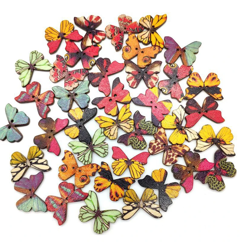 

50Pcs Random Mixed Butterfly Wood Buttons For Handmade Decorative Sewing Scrapbooking 2 Holes Decoration Clothing Accessories