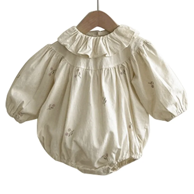 Freely Move 2022 New Fashion Infant Girls Romper Ruffle Long Sleeve Flower Embroidered Lapel Jumpsuit Baby Autumn Clothing