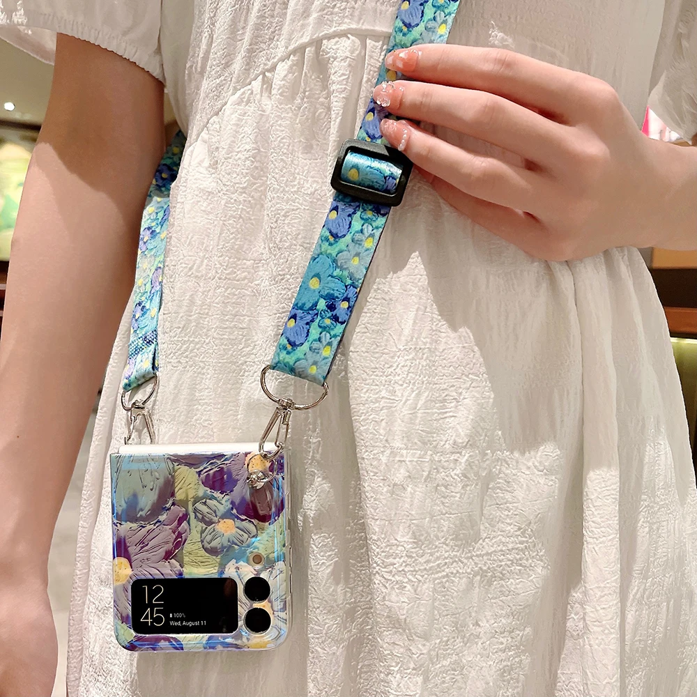 

Cute Oil Painting Flower Glossy Phone Case For Samsung Galaxy Z Flip 3 4 5G Soft Cover With Adjustable Crossbody Lanyard Strap