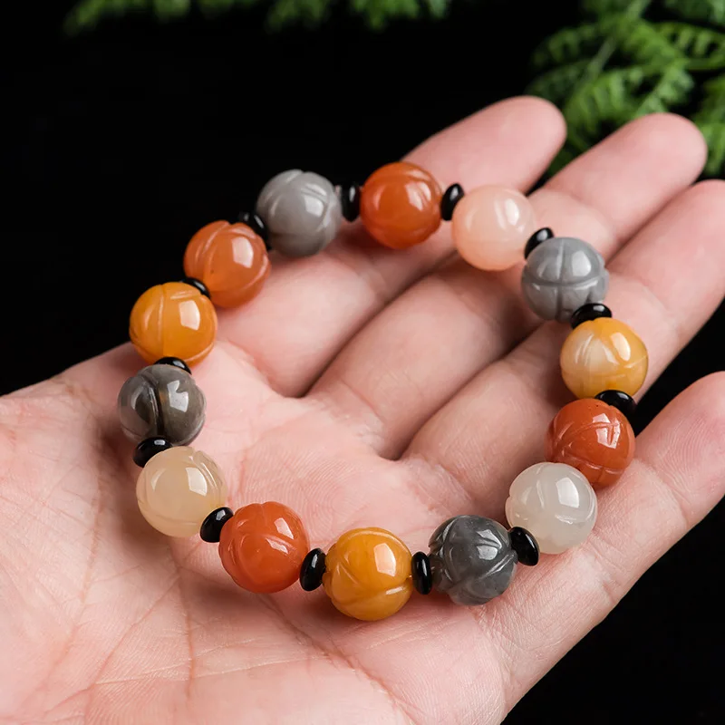 

Natural Gold Silk Jade Lotus Bracelet Ice Species Gobi Style Retro Personality Men and Women Woven Jade Bracelet Jewelry