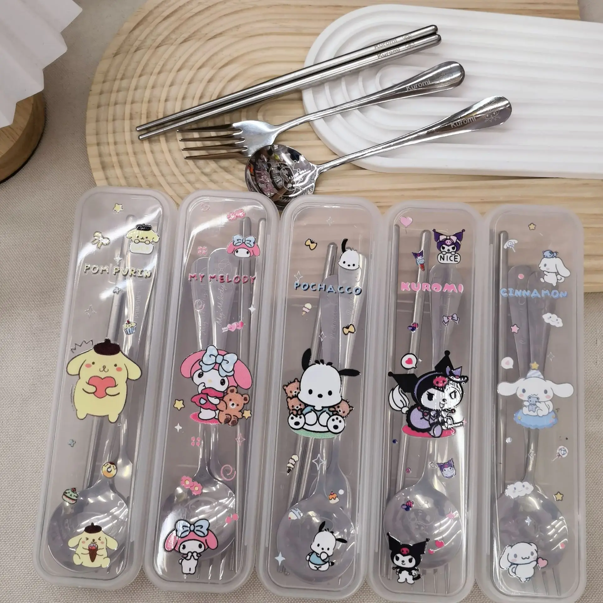 Sanrio kuromi Children's Knife Fork and Spoon Set - Cartoony Portable Utensils for School Cafeteria or Restaurant Use