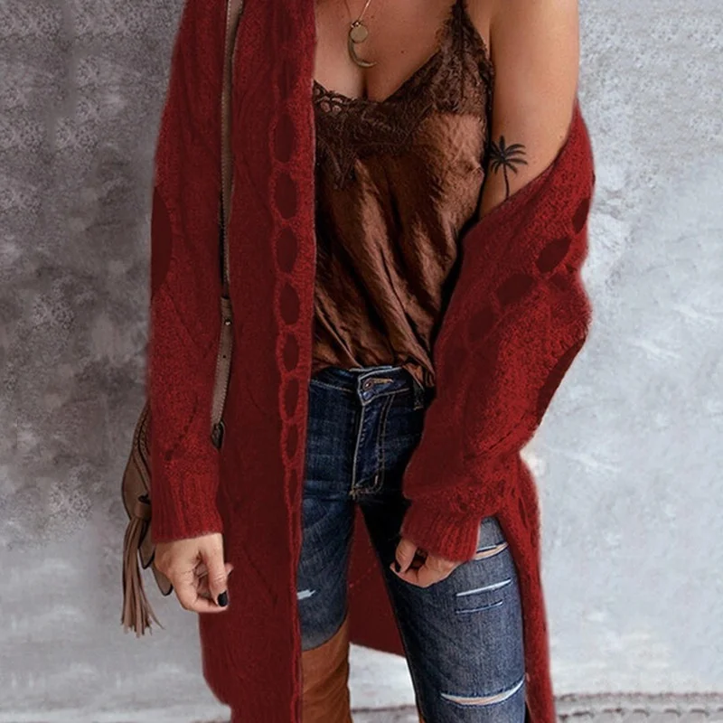 

2023 Solid Color Cardigan Long-sleeved Knitted Sweater Women's Hollow Knit Casual Sweater Women's Loose Mid-length Cardigan