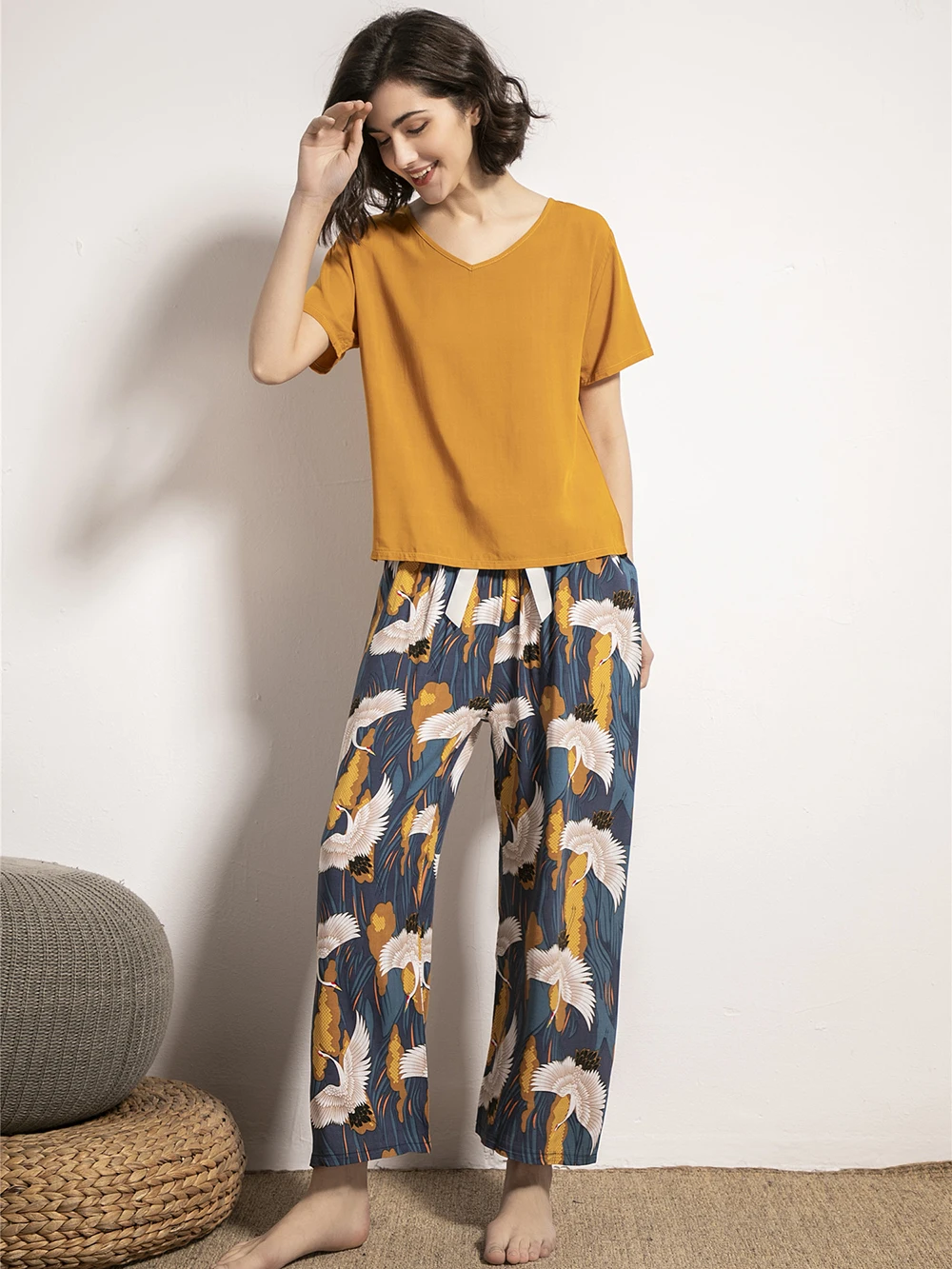 Women's Loungewear Pajamas Set Short Sleeve Nightwear Pants Sleepwear Fashion Yellow Print Floral Loose Comfort Homewear