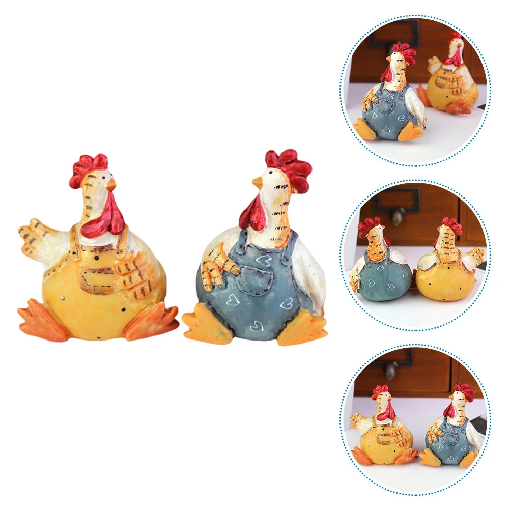 2 Pcs Couple Chicken Ornaments Home Decoration Rooster Statue Hen Rooster Miniatures Resin Miniature Animals Lovers