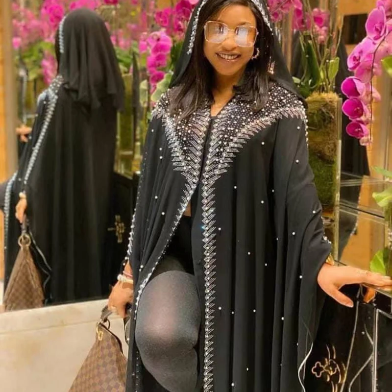 

Black Bangladesh Women Lace Maxi Abaya Dubai Turkey Muslim Hijab Dress 2022 dress Diamond Shiny Boubou Long Sleeve Dress