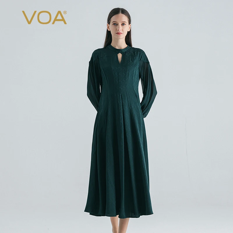 

VOA 100% Pure Mulberry Silk High-end Jacquard Green Half High Collar Dresses Women Georgette Shirt Long Sleeve Silk Dress AE1795