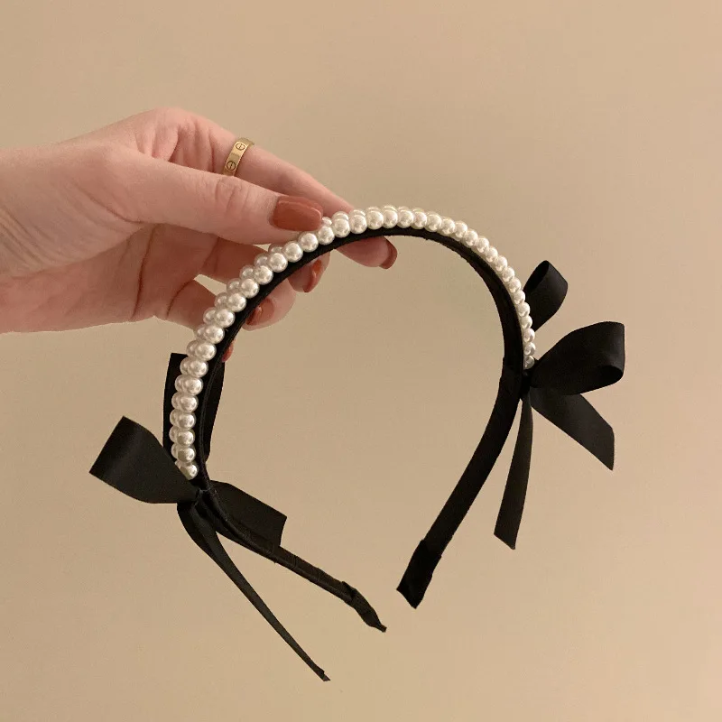 

Fashion Pear Bow Hairbands French Pearl Diamond Headband For Women Luxury Black Hair Bands Korean Headdress Hair Accessories