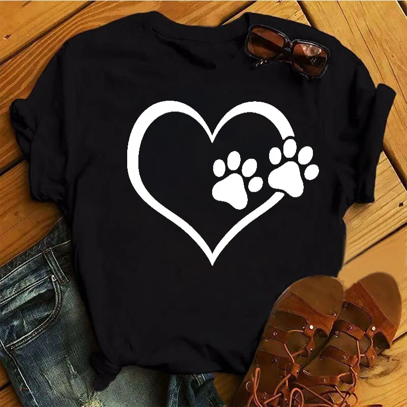 

T-shirt Female Cartoon Tops Colorful Heart Dog Paw Print Summer Oversized Women T Shirt 90s Girls Short Sleeve Black T-shirts