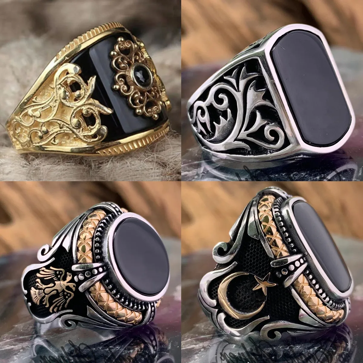

Vintage Men's Silver Color Big Black Zircon Stone Open Ring for Male Geometric Irregular Pattern Adjustable Jewelry Wholesale