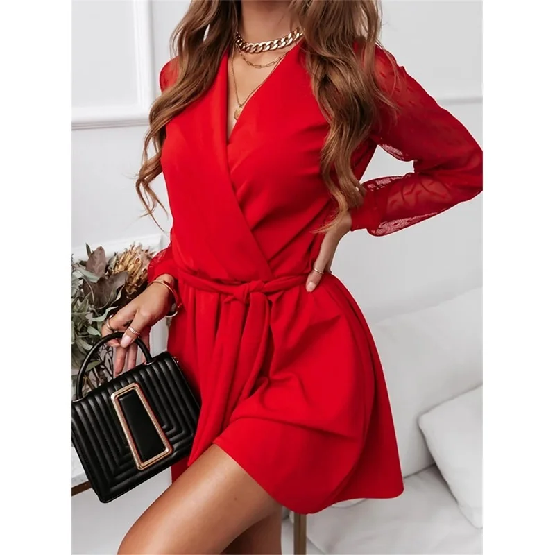 

Loose Irregular Women Lace Dress 2022 Autumn Long Sleeve V-Neck Elegant Clubwear Casual Office Lady Dresses Hollow Out G3319