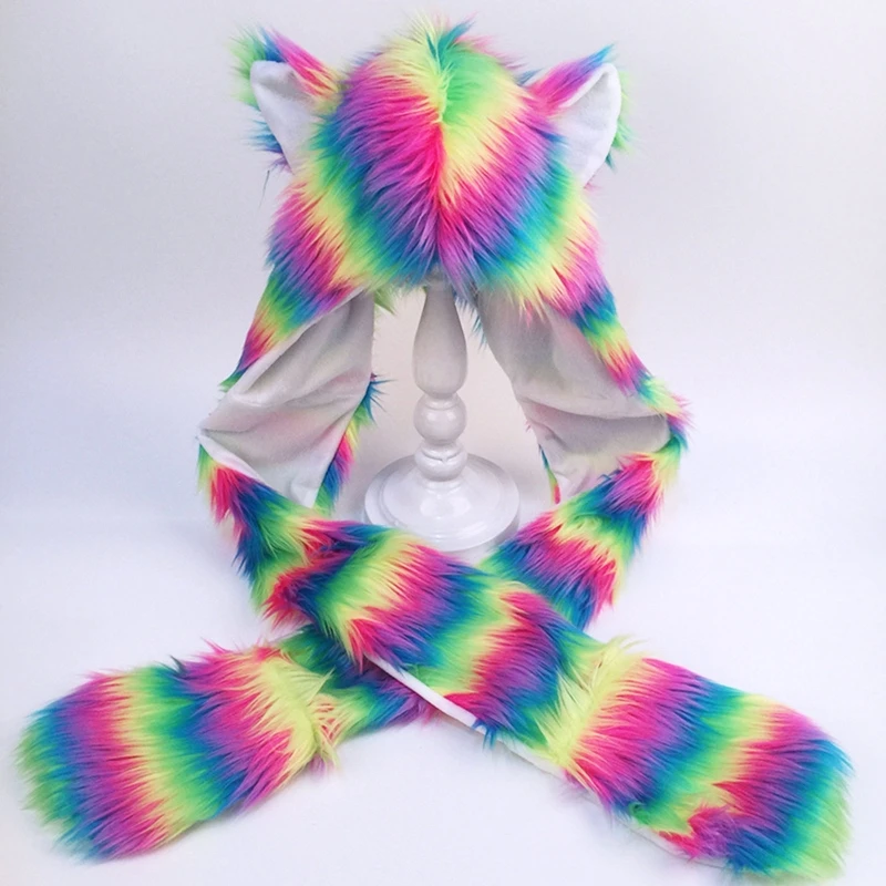 

Женская толстовка с капюшоном в радужную полоску с животными, шапка с пушистыми плюшевыми ушками и лапами 3 в 1, многофункциональный шарф с у...